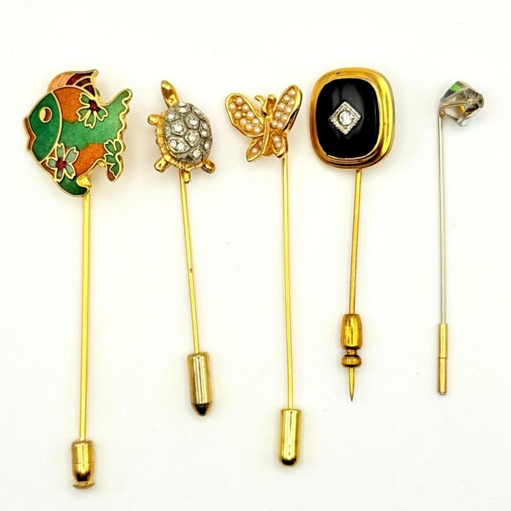 Lot 5 MCM Vintage Stick Pins Gold Tone Butterfly Cloisonné Fish Turtle Crystal